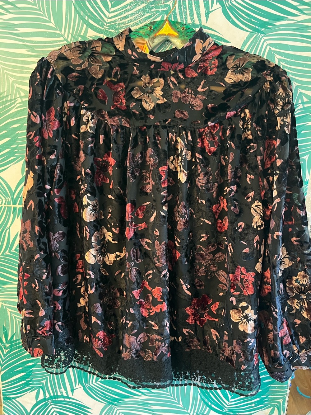 Anthropologie Seen Worn Kept Floral Velvet Burnout Long Sleeve Top Black Sz M